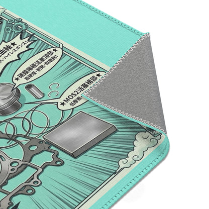 Aqua Retro Tech Comic Area Rug — Japanese Mechanical Parts Illustration