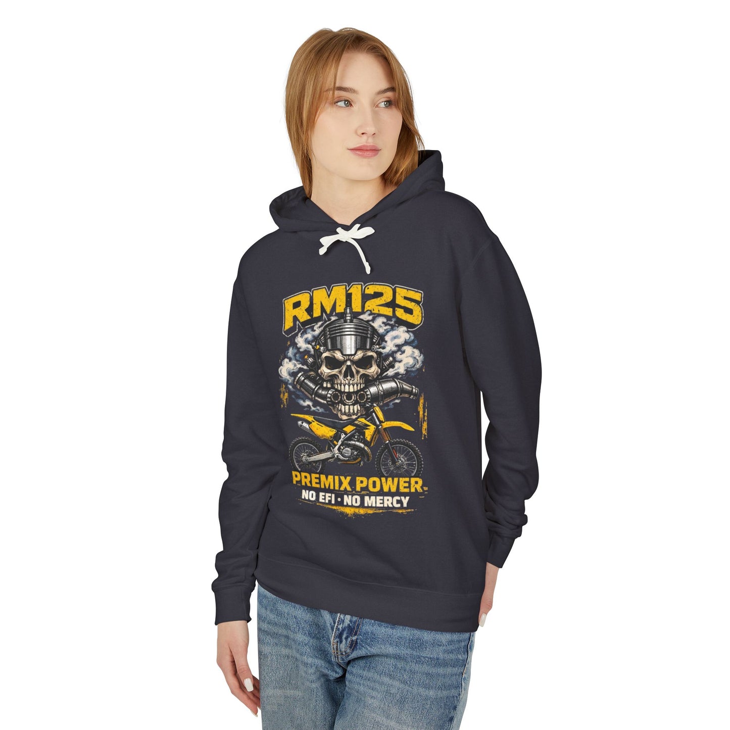 RM125 Premix Power Hoodie — Motorcycle Skull No EFI, No Mercy