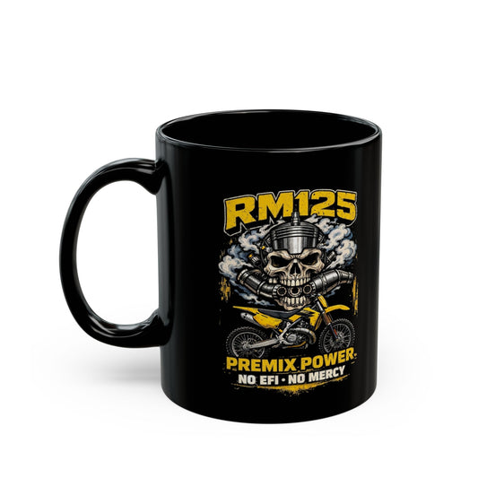 RM125 Skull Dirt Bike Mug — "Premix Power No EFI No Mercy" Black Coffee Cup