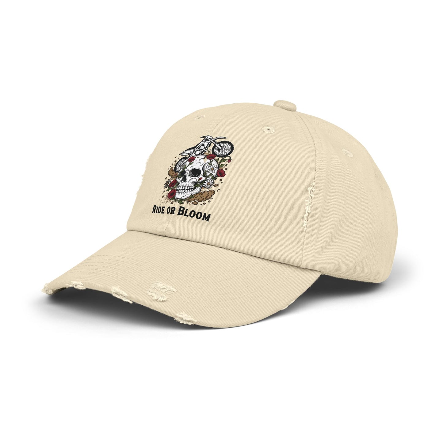Ride or Bloom Distressed Baseball Cap — Motorcycle Skull Floral Hat