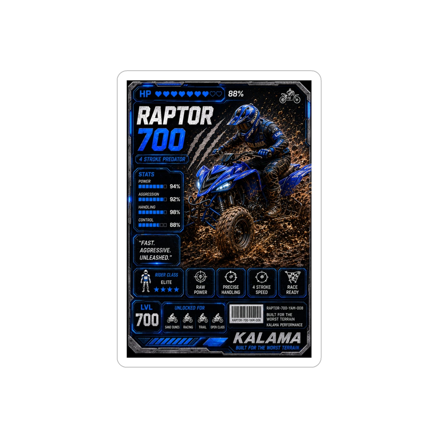 Raptor 700 ATV Trading Card Style Die-Cut Sticker — Waterproof Outdoor Decal