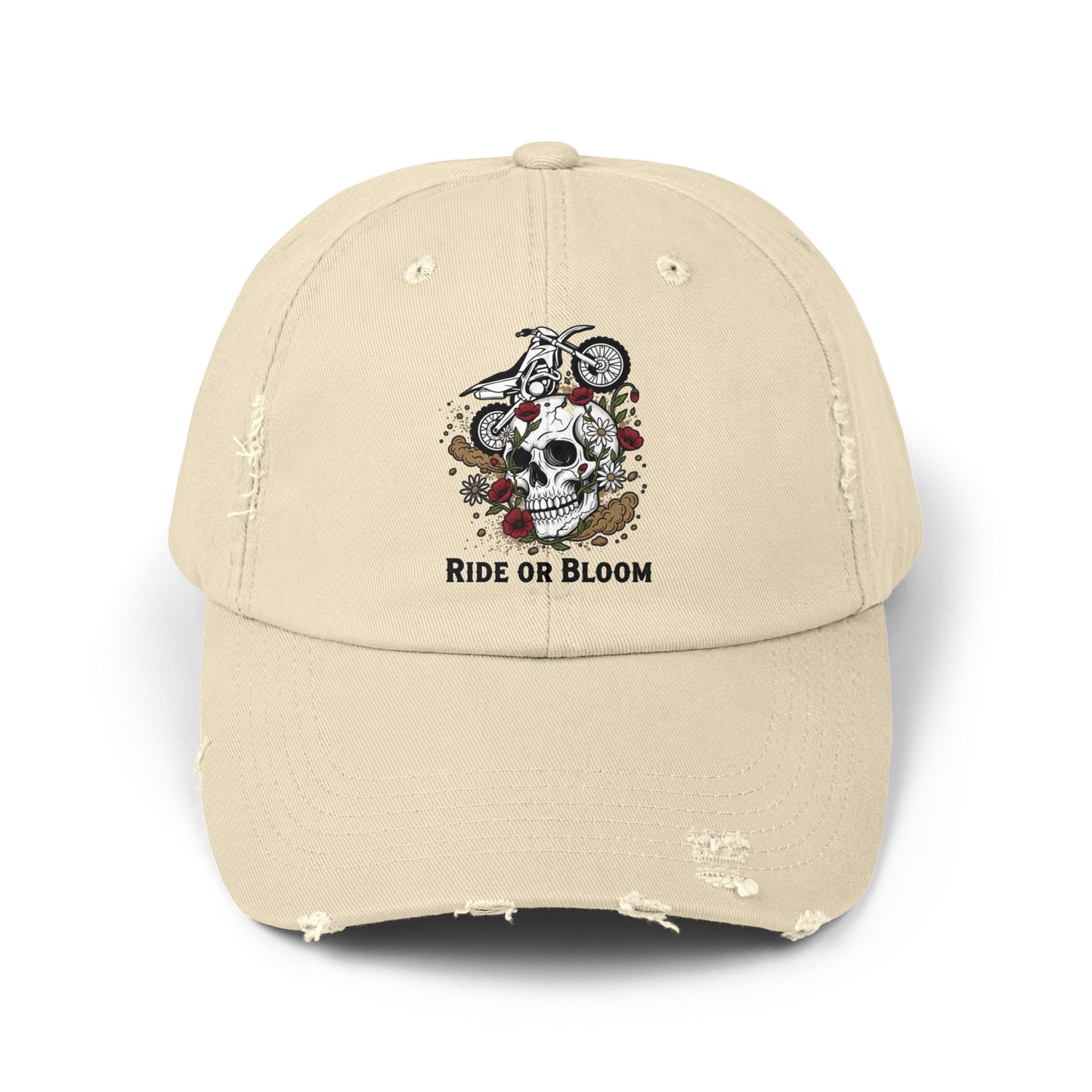 Ride or Bloom Distressed Baseball Cap — Motorcycle Skull Floral Hat