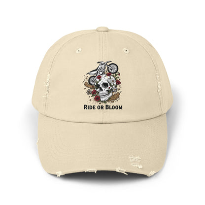 Ride or Bloom Distressed Baseball Cap — Motorcycle Skull Floral Hat