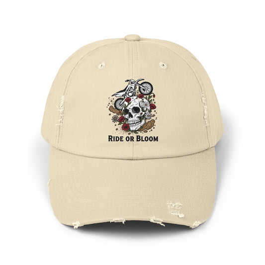 Ride or Bloom Distressed Baseball Cap — Motorcycle Skull Floral Hat