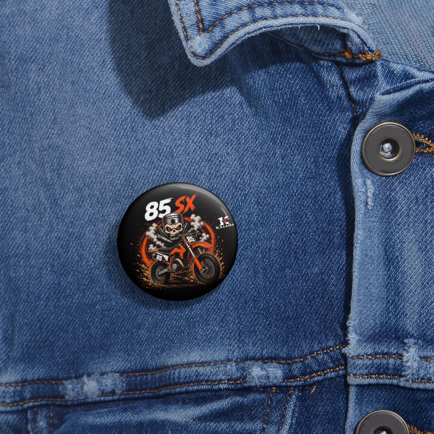 85 SX Motocross Skull Pin Button — Custom Dirt Bike Badge
