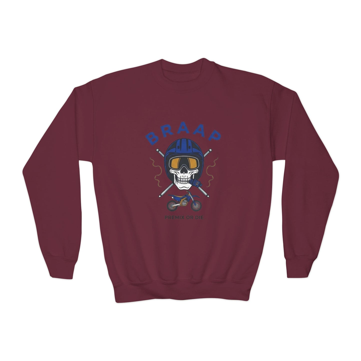 Youth Motorcycle 'BRAAP' Crewneck Sweatshirt – Skull Rider Graphic