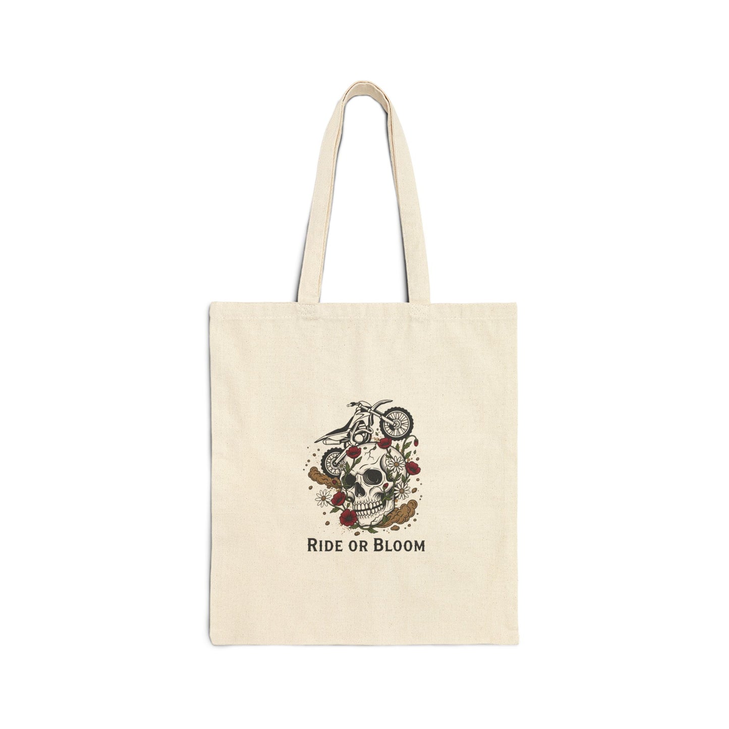 Ride or Bloom Motorcycle Skull Tote Bag — Biker Floral Canvas Grocery Tote