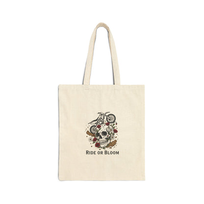 Ride or Bloom Motorcycle Skull Tote Bag — Biker Floral Canvas Grocery Tote