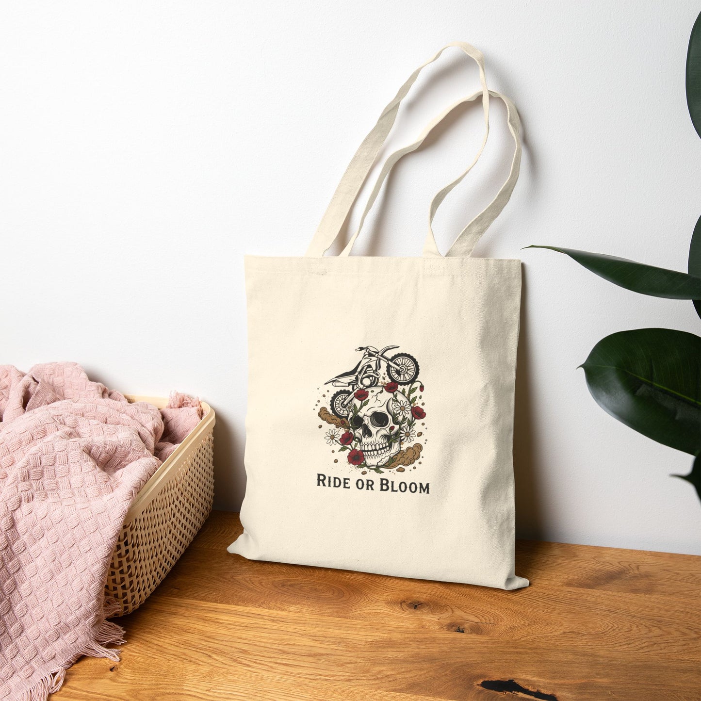 Ride or Bloom Motorcycle Skull Tote Bag — Biker Floral Canvas Grocery Tote