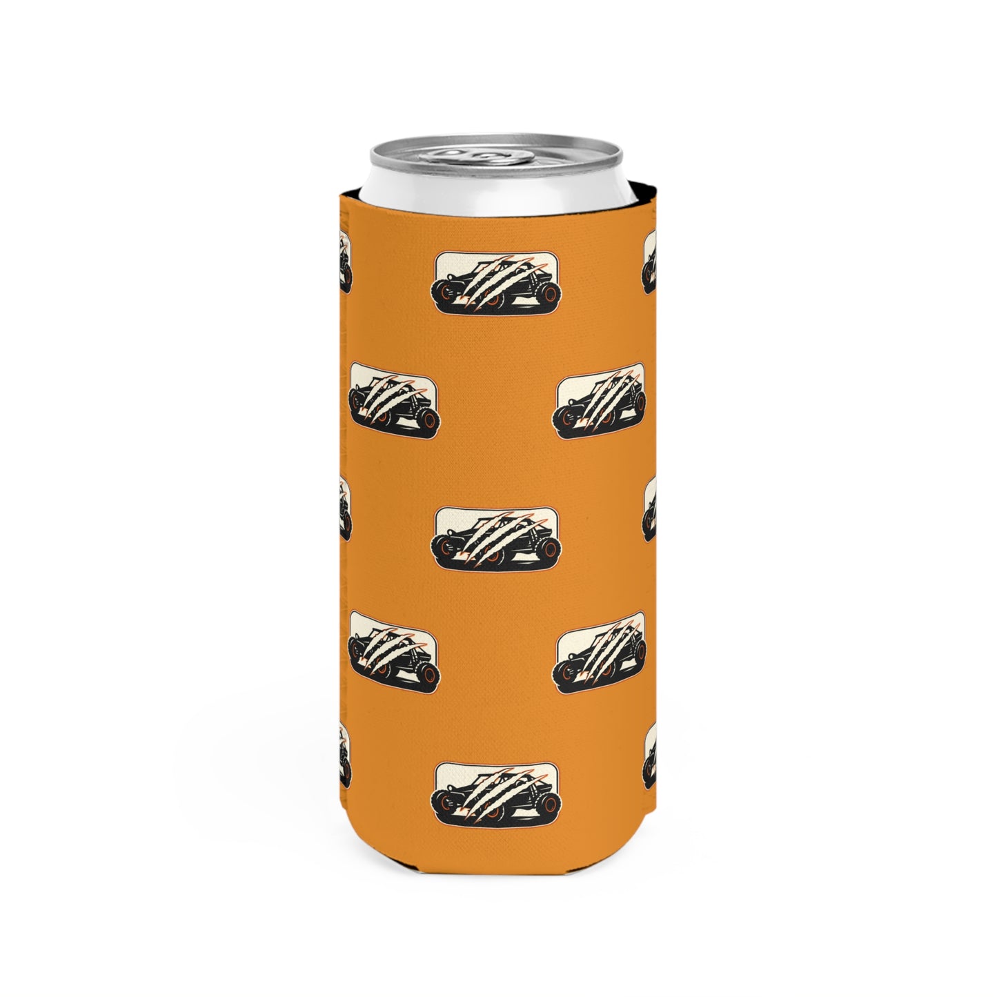 Slim Can Cooler – Vintage Racecar Pattern with “There are many Wolverines, but only one has four wheels.”