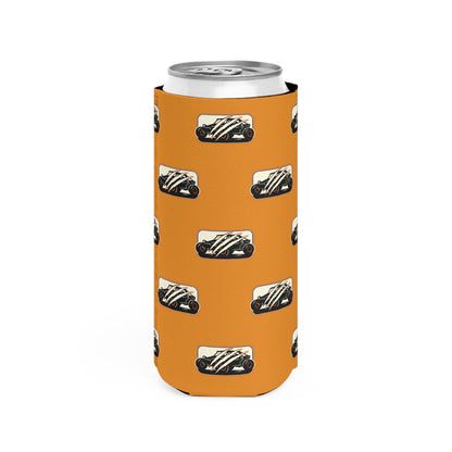 Slim Can Cooler – Vintage Racecar Pattern with “There are many Wolverines, but only one has four wheels.”