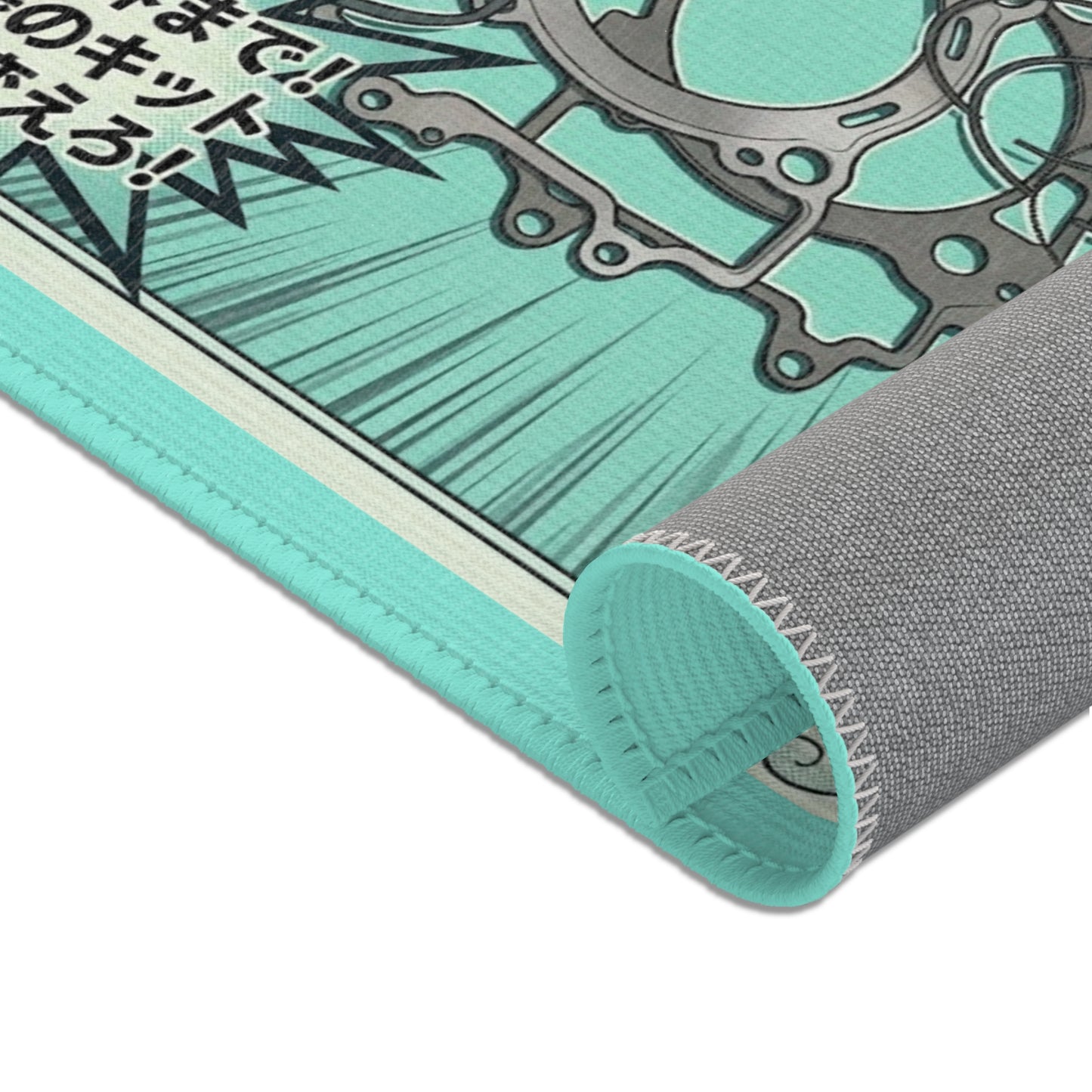 Aqua Retro Tech Comic Area Rug — Japanese Mechanical Parts Illustration