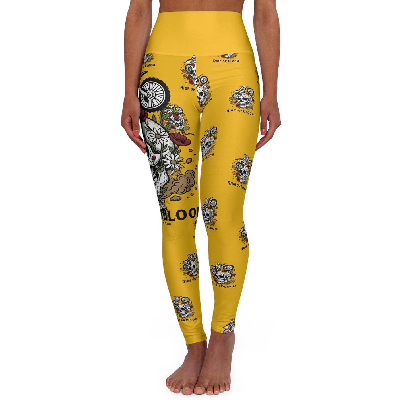 High-Waisted Yoga Leggings — Yellow Biker Skull Floral Pattern (Ride or Bloom)