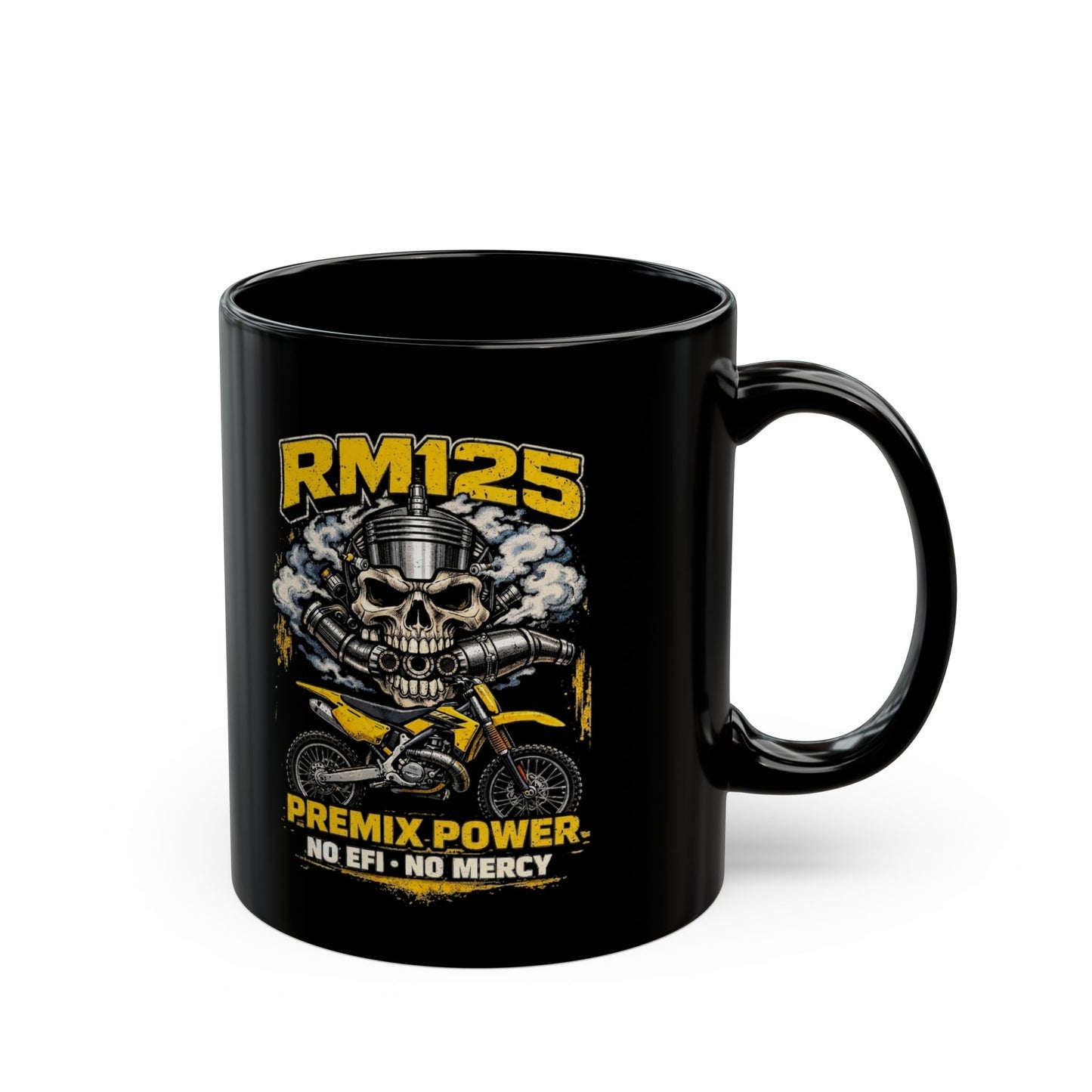 RM125 Skull Dirt Bike Mug — "Premix Power No EFI No Mercy" Black Coffee Cup