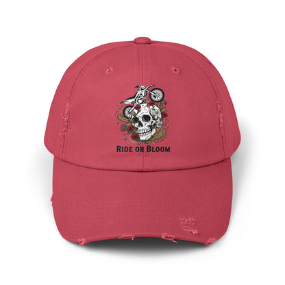 Ride or Bloom Distressed Baseball Cap — Motorcycle Skull Floral Hat