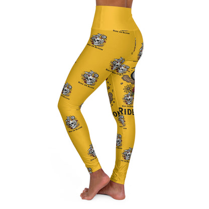 High-Waisted Yoga Leggings — Yellow Biker Skull Floral Pattern (Ride or Bloom)