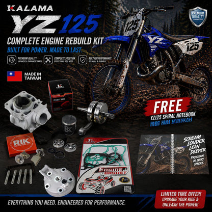 Engine Rebuild Kit for YZ125 YZ 125 Crankshaft, Cylinder (Jug), Cylinder Head, Bolts, Power Valves, Piston, Gasket Set02~04 with Motocross Spiral Notebook