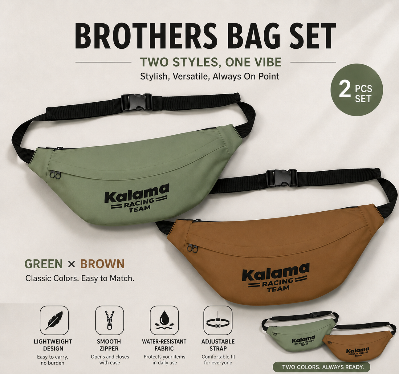 Kalama Racing Team Large Fanny Pack — Retro Athletic Waist Bag Faded Copper with Toffee Brown Set