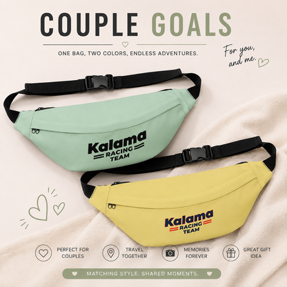 Kalama Racing Team Large Fanny Pack — Retro Athletic Waist Bag Celadon Color with Light Gold Set
