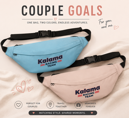 Kalama Racing Team Large Fanny Pack — Retro Athletic Waist Bag Almond Silk Color With light blue Set